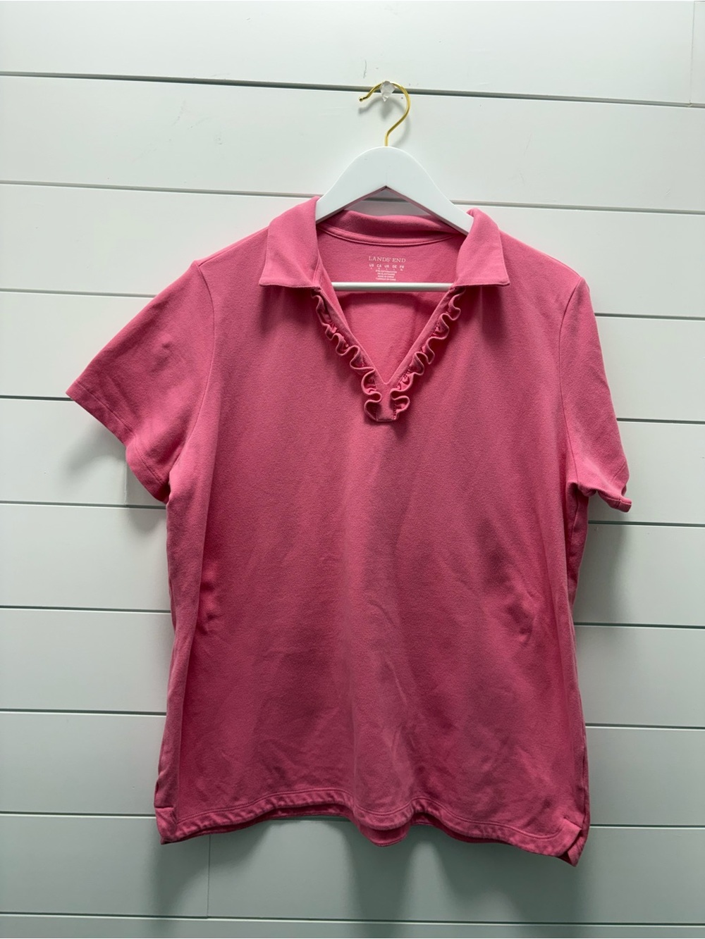 Lands' End Pink Ruffle V-Neck Short Sleeve Polo